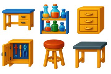 Historical Lab Icons. 3D icon set of historical laboratory furniture: wooden lab bench, reagent shelf, drawer with brass handles,