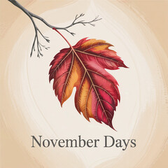 November Days Fiery Maple Leaf Bare Branch Autumn Foliage Watercolor Seasonal Minimalist Poster Illustration Stock Vector Graphic Design.