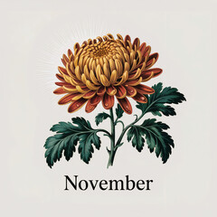 November Birth Flower Radiant Chrysanthemum Golden Petals Dew Green Foliage Vintage Botanical Illustration Elegant 