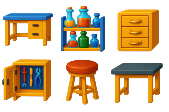 Historical Lab Icons. 3D icon set of historical laboratory furniture: wooden lab bench, reagent shelf, drawer with brass handles,
