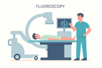Flat vector of fluoroscopy imaging procedure in hospital with patient and technician