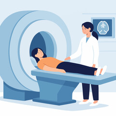Flat vector scene of MRI scan procedure with patient and technician in hospital