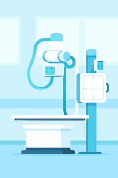 Flat vector illustration of a modern diagnostic X-ray machine in a clean hospital setting