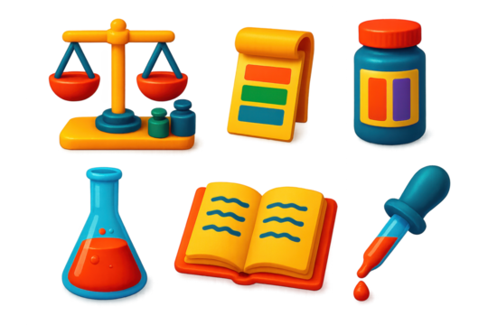 Vintage Lab Instruments. 3D icon set of old analytical instruments: balance scale with counterweights, chemical test paper, litmus