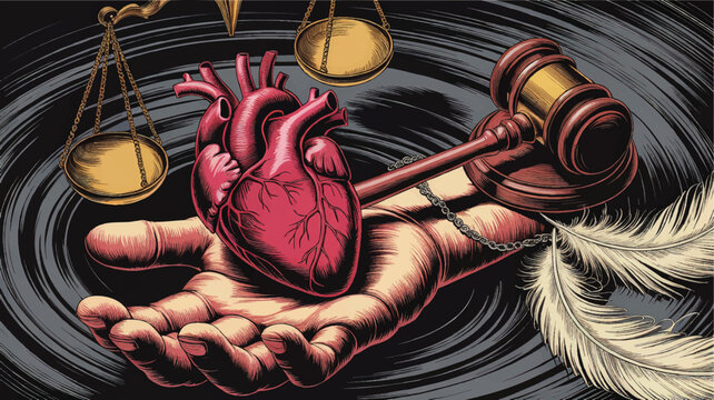 Symbolic Illustration of Justice, Fairness, and Compassion &ndash; Hand Holding Heart, Judge&rsquo;s Gavel, Scales and Feather, Engraved Style