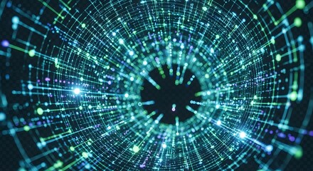 Abstract digital tunnel of glowing blue and green lights