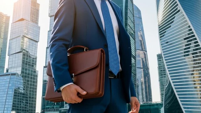 A businessman in a blue suit and dotted tie stands with a brown briefcase against cityscape backdrop