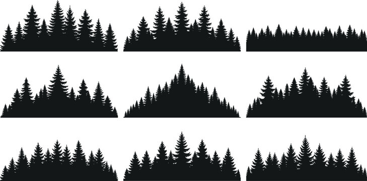 A collection of nine distinct black silhouettes featuring coniferous pine tree forests, ideal for creating rustic wilderness and outdoor landscape designs