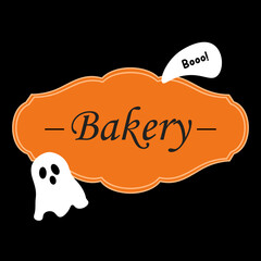 Halloween Bakery Label with Ghosts and &ldquo;Boo&rdquo; Text on Black Background