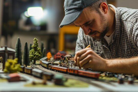 Model train enthusiast carefully detailing miniature landscape during evening hours