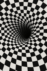 Fototapeta premium An infinite, optical illusion spiral tunnel of black and white squares converges into the darkness. A captivating visual with a hypnotizing effect.