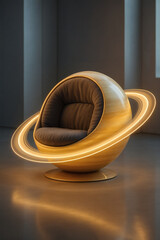 Celestial Comfort: A modern spherical chair design with illuminating rings, reminiscent of a distant planet, blending comfort and cosmic inspiration.