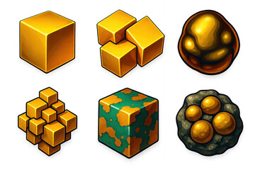 3D Pyrite Icons. 3D icon set of pyrite structures: cubic pyrite block, interlocked golden cubes, brassy metallic reflection,