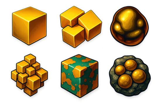 3D Pyrite Icons. 3D icon set of pyrite structures: cubic pyrite block, interlocked golden cubes, brassy metallic reflection,