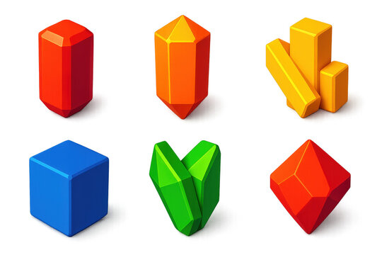 Colorful Crystal Icons. 3D icon set of symmetrical crystal habits: tetragonal zircon prism, hexagonal beryl shape, orthorhombic