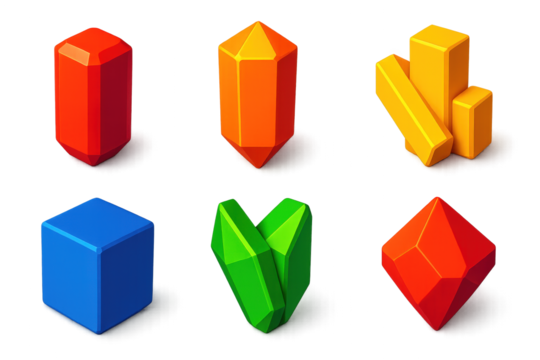 Colorful Crystal Icons. 3D icon set of symmetrical crystal habits: tetragonal zircon prism, hexagonal beryl shape, orthorhombic