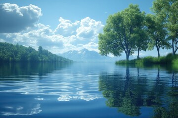 Tranquil lake surrounded by lush trees and mountains under a bright blue sky on a sunny day