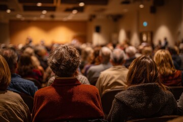 Fototapeta premium Community town hall meeting with residents seated in rows, backs to camera, warm light. People in the audience. 