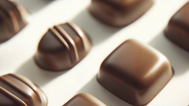 An assortment of glossy chocolate squares are neatly arranged, showcasing various textures and shapes. The chocolate squares reflect light, emphasizing their rich, inviting color.
