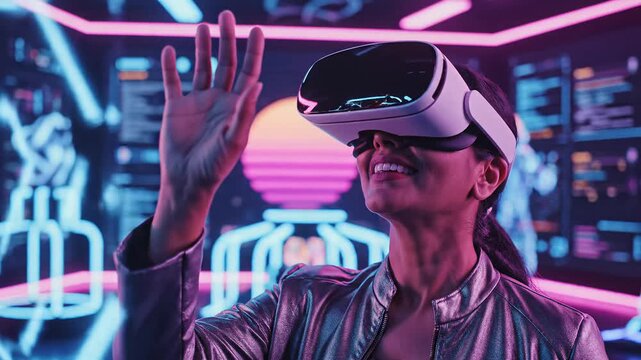 woman exploring immersive virtual reality in a neon-lit tech lab, wearing a VR headset and metallic jacket, interacting with holographic interfaces for gaming and simulation, cyberpunk close-up
