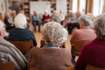 Senior citizens gathered in a community center for a neighborhood talk. Elderly people at city hall meeting.