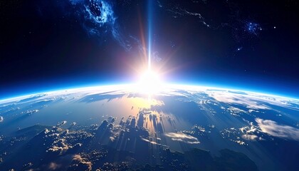Stunning View of Earth from Space with a Bright Sun and Blue Atmosphere