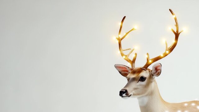 A decorative deer head displays glowing lights on its antlers, creating a whimsical atmosphere in the setting. The deer&rsquo;s realistic features enhance the unique character of the sce