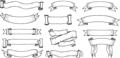 Collection of hand-drawn banners and scrolls in a vintage style, perfect for graphic design and retro themes