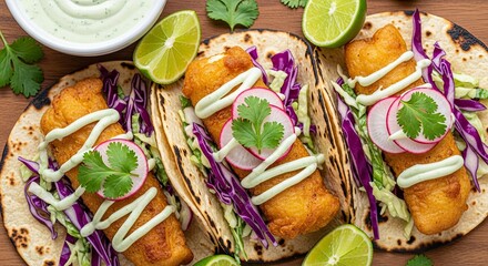 Delicious Fish Tacos with Fresh Toppings and Lime.