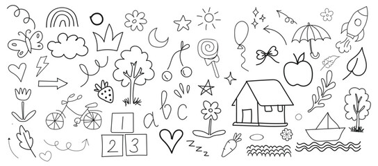 Fototapeta premium hand drawn Doodle Art Collection: A collection of various playful doodles and hand-drawn elements, perfect for adding a touch of creativity and fun to any project.