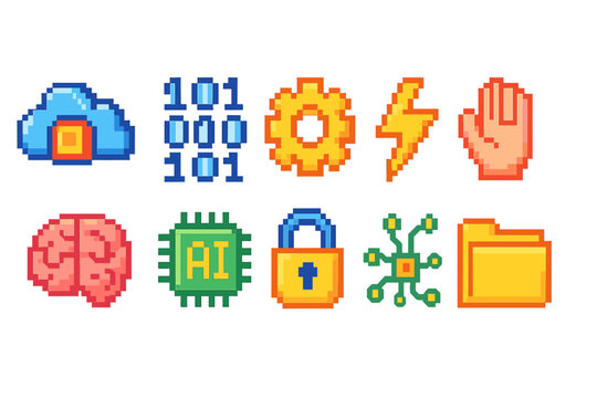 Technology, security pixel art icon set. retro, digital pixelated icons collection