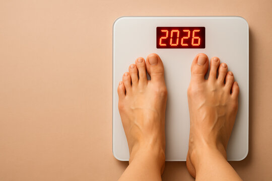 New year 2026 health, fitness resolution concept, bare feet on digital scale with glowing numbers, top view on beige background