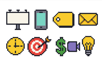 Business, marketing icon set. pixel art, retro style business icons collection