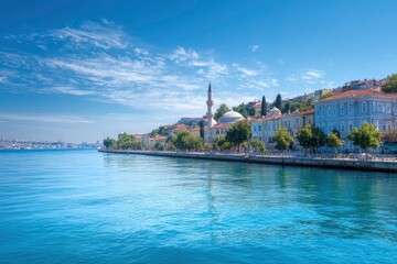 Fototapeta premium Scenic cityscape vista reveals traditional architecture, including a mosque minaret, along a