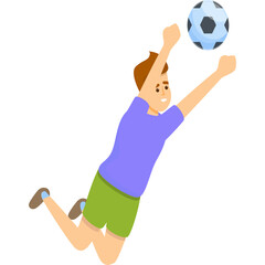 Young Man in Green Shorts and Blue Shirt Leaping to Catch a Soccer Ball Against a White Background