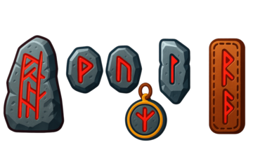 Norse Rune Icons. 3D icon set of Norse runes and stones: carved runestone with red ink, elder futhark characters, chiseled granite