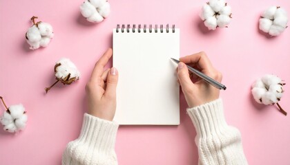 Woman writing in notebook with cotton flower decorations on a pastel pink background