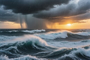 Fototapeta premium A truly captivating and breathtaking view of a stormy ocean scene at sunset, showcasing powerful waves and dark clouds