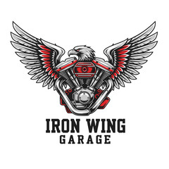 A motorcycle engine with eagle wings, red accents, and text in a logo design on a white background