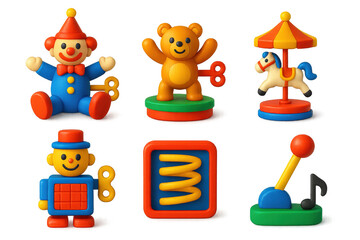 Fototapeta premium Vivid Musical Toy Icons. 3D icon set of wind-up musical toys: key-wind clown figure, dancing animal on platform, rotating carousel