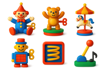 Vivid Musical Toy Icons. 3D icon set of wind-up musical toys: key-wind clown figure, dancing animal on platform, rotating carousel