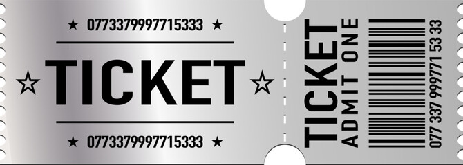Vector silver ticket “Admit One”. A luxurious cinema or event ticket symbolizing celebration. Perfect for invitations, movie posters, festive designs, loyalty cards, or promotional materials.
