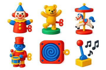 Vivid Musical Toy Icons. 3D icon set of wind-up musical toys: key-wind clown figure, dancing animal on platform, rotating carousel