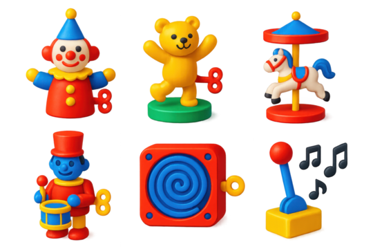 Vivid Musical Toy Icons. 3D icon set of wind-up musical toys: key-wind clown figure, dancing animal on platform, rotating carousel
