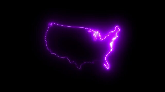 United States of America neon glowing map animation on black background, USA outline border light effect, futuristic geography concept, digital map design