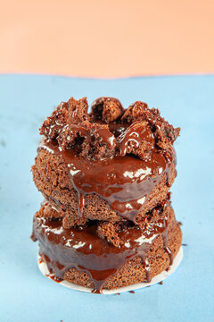 Chocolate cake brioche doughnuts gourmet hand made stacked.