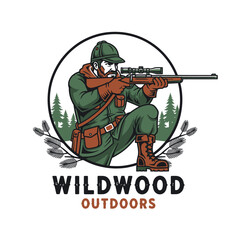 A hunter kneeling, aiming a rifle with scope, framed by forest elements, and encircled, on white