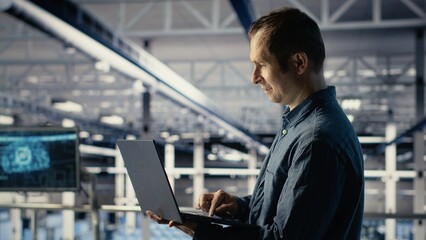 Data center IT professional deploys deep learning software on infrastructure racks. Server farm...