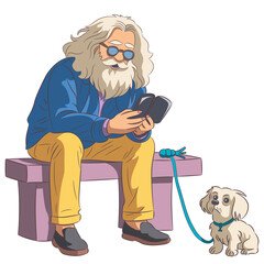 Man with phone and dog on bench vector illustration