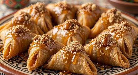 Moroccan Pastries Sweet Honey Nut Filled Triangular Baked Treats.